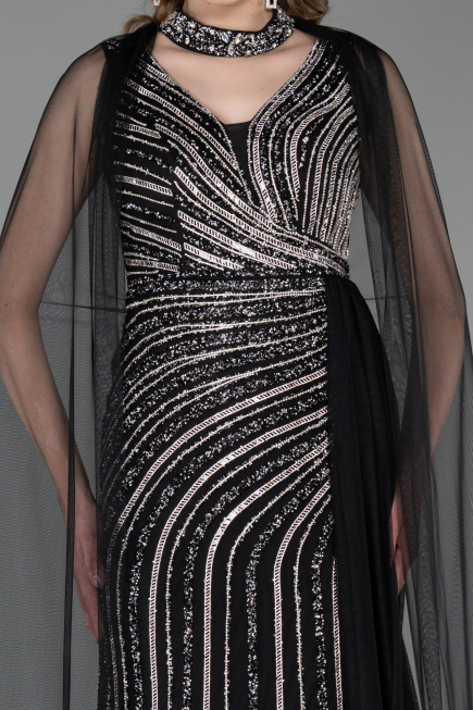 Abendkleid Lang Steinbesetzt Schwarz ABU6052