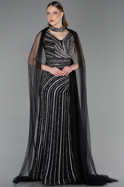 Abendkleid Lang Steinbesetzt Schwarz ABU6052