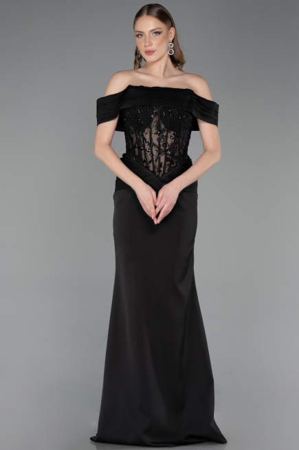 Abendkleid Lang Satin Schwarz ABU6054