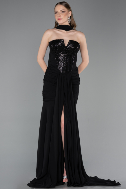 Abendkleid Lang Chiffon Schwarz ABU6055