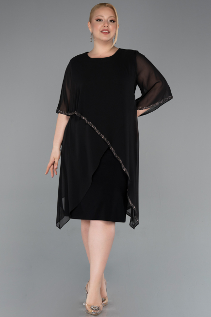 Einladungskleid In Übergröße Midi Chiffon Schwarz ABK2600