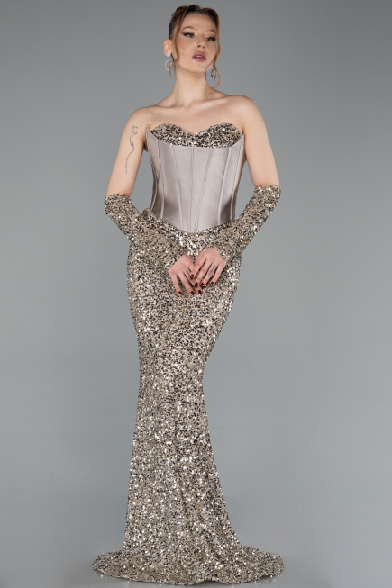 Abendkleid Lang Schuppig Beige ABU6041