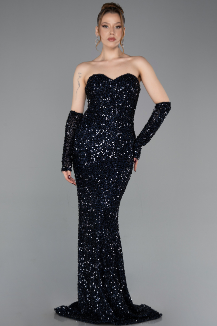 Abendkleid Lang Schuppig Marineblau ABU6041