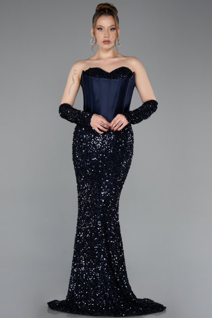 Abendkleid Lang Schuppig Marineblau ABU6041