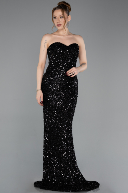 Abendkleid Lang Schuppig Schwarz ABU6041