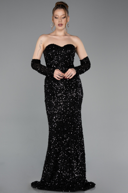Abendkleid Lang Schuppig Schwarz ABU6041