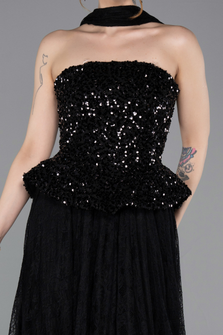 Abendkleid Midi Spitze Schwarz ABK2613