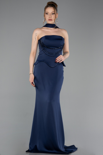 Abendkleid im Meerjungfrau-Stil Lang Satin Marineblau ABU6086
