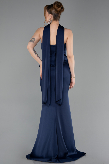 Abendkleid im Meerjungfrau-Stil Lang Satin Marineblau ABU6086