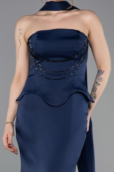 Abendkleid im Meerjungfrau-Stil Lang Satin Marineblau ABU6086