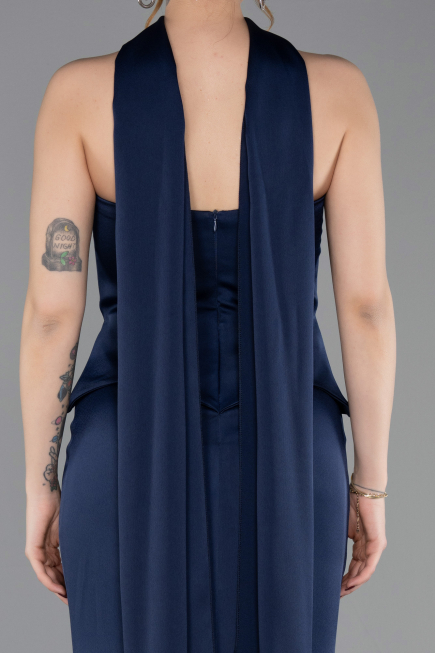 Abendkleid im Meerjungfrau-Stil Lang Satin Marineblau ABU6086