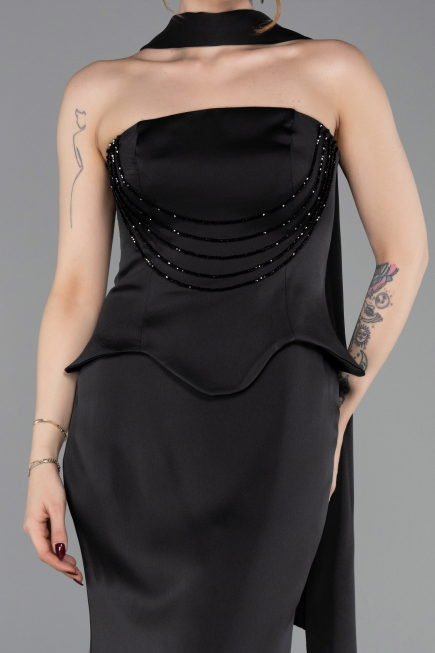 Abendkleid im Meerjungfrau-Stil Lang Satin Schwarz ABU6086