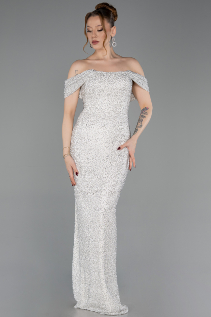 Abendkleid Lang Perlenbesetzt Beige ABU6057