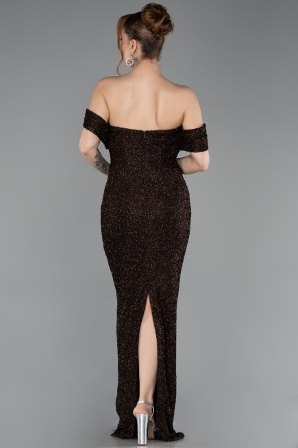 Abendkleid Lang Perlenbesetzt Braun ABU6057