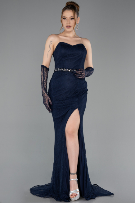 Standesamtkleid Lang Spitze Marineblau ABU6060