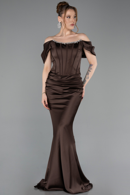 Abendkleid im Meerjungfrau-Stil Lang Satin Braun ABU6090