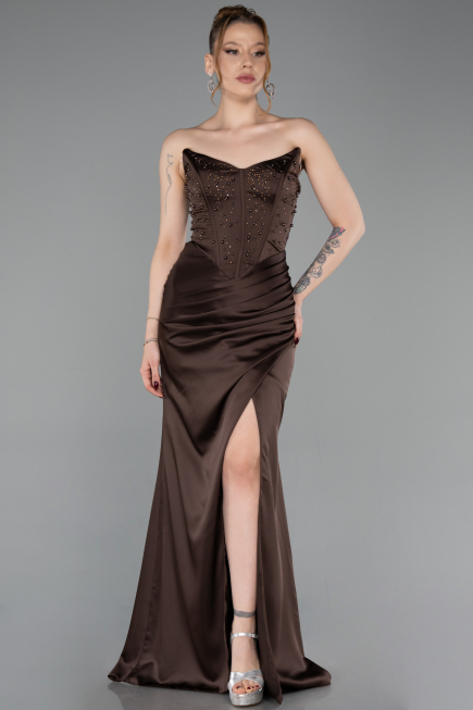 Abschlusskleid Lang Satin Braun ABU6091