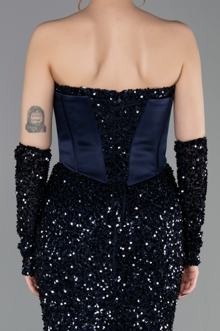 Abendkleid Lang Schuppig Marineblau ABU6041