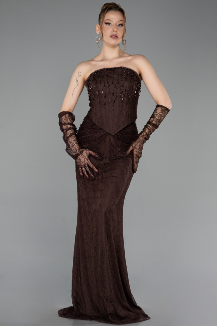 Abendkleid Lang Spitze Braun ABU6089