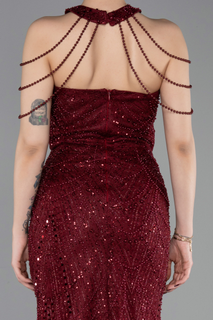 Abendkleid Lang Perlenbesetzt Weinrot ABU6073