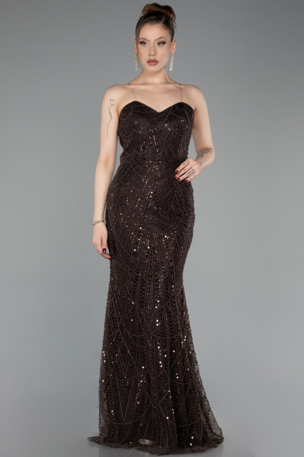Abendkleid Lang Perlenbesetzt Braun ABU6073