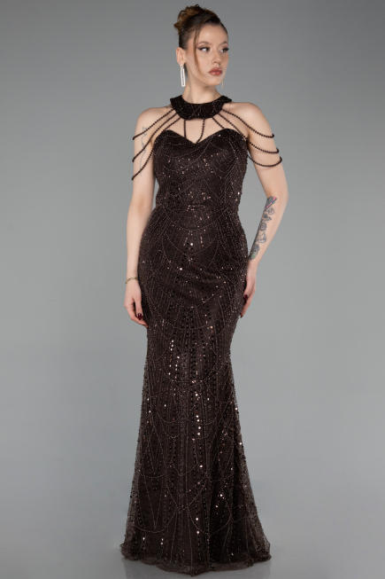 Abendkleid Lang Perlenbesetzt Braun ABU6073