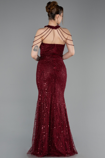 Abendkleid Lang Perlenbesetzt Weinrot ABU6073