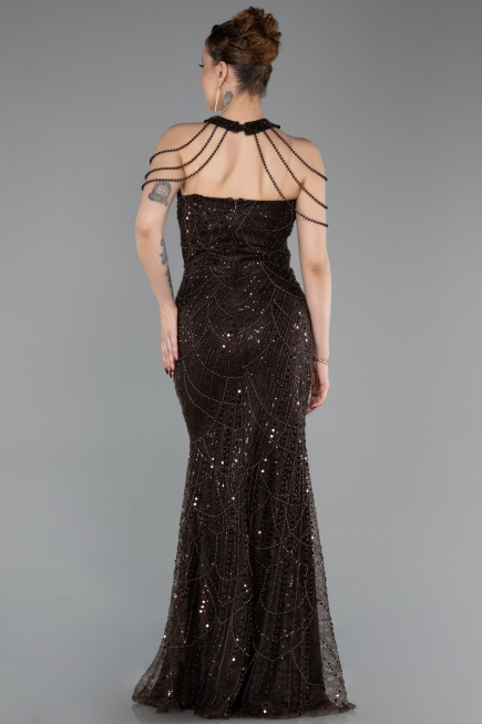 Abendkleid Lang Perlenbesetzt Braun ABU6073