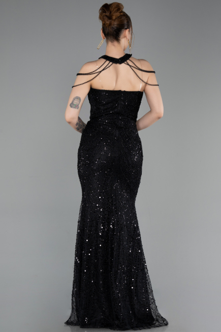 Abendkleid Lang Perlenbesetzt Schwarz ABU6073