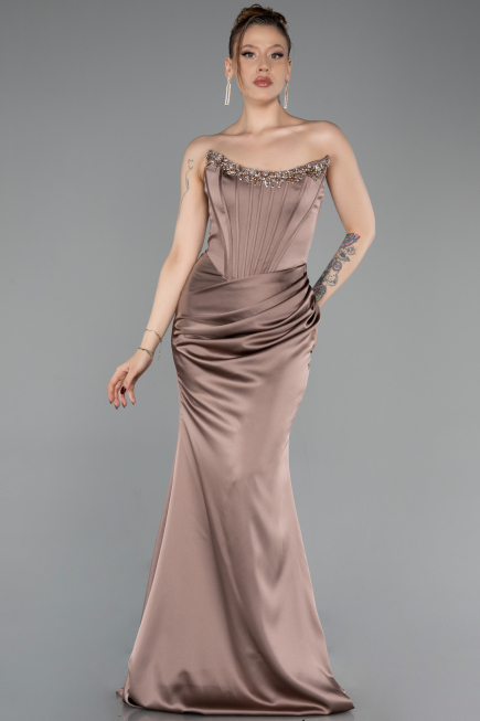 Abendkleid im Meerjungfrau-Stil Lang Satin Cappuccino ABU6109