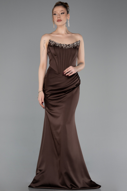 Abendkleid im Meerjungfrau-Stil Lang Satin Dunkelbraun ABU6109