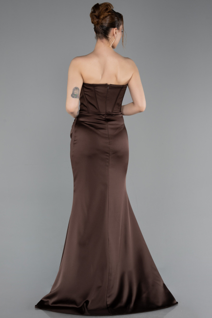 Abendkleid im Meerjungfrau-Stil Lang Satin Dunkelbraun ABU6109