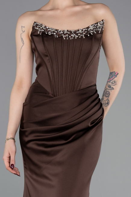 Abendkleid im Meerjungfrau-Stil Lang Satin Dunkelbraun ABU6109