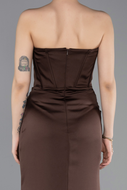 Abendkleid im Meerjungfrau-Stil Lang Satin Dunkelbraun ABU6109