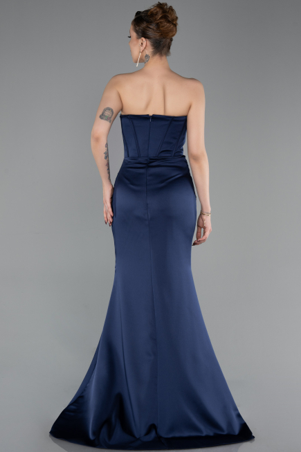 Abendkleid im Meerjungfrau-Stil Lang Satin Marineblau ABU6109