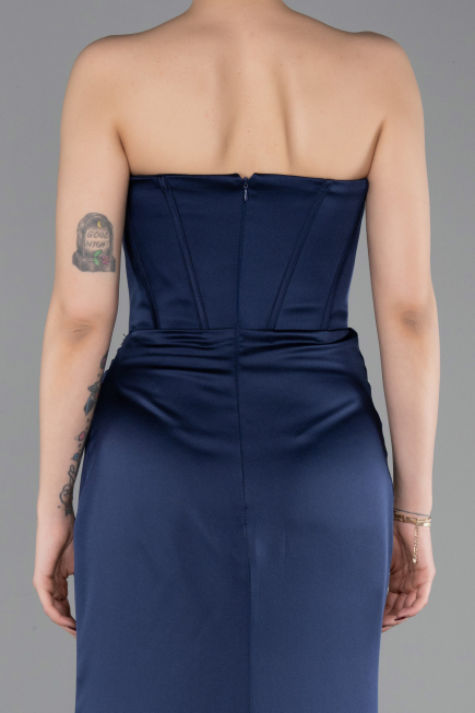 Abendkleid im Meerjungfrau-Stil Lang Satin Marineblau ABU6109