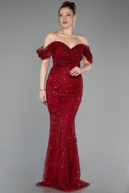 Weinrot Abendkleid Perlenbesetzt Lang ABU5557