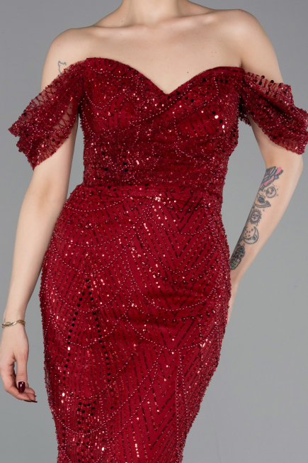Weinrot Abendkleid Perlenbesetzt Lang ABU5557
