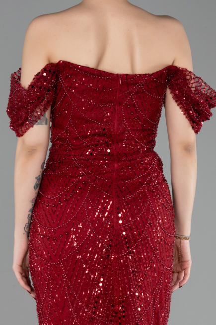 Weinrot Abendkleid Perlenbesetzt Lang ABU5557