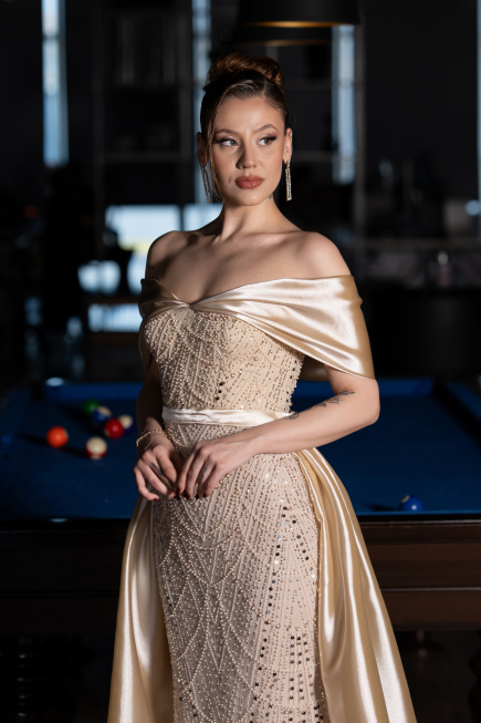 Beige Abendkleid Perlenbesetzt Lang ABU5400