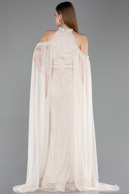 Standesamtkleid Lang Perlenbesetzt Beige ABU6117