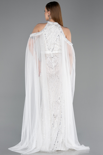 Standesamtkleid Lang Perlenbesetzt Weiß ABU6117