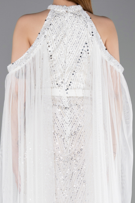 Standesamtkleid Lang Perlenbesetzt Weiß ABU6117