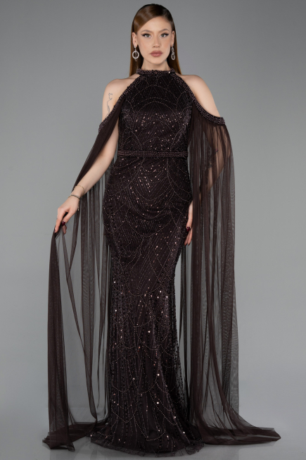 Standesamtkleid Lang Perlenbesetzt Braun ABU6117