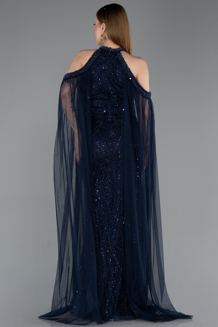 Standesamtkleid Lang Perlenbesetzt Marineblau ABU6117