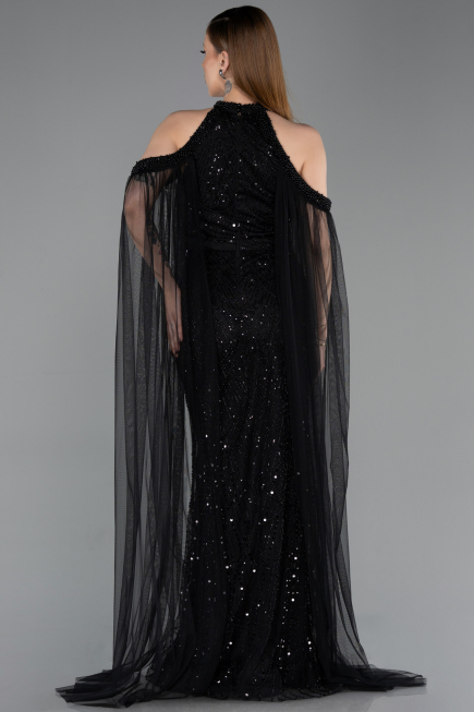Standesamtkleid Lang Perlenbesetzt Schwarz ABU6117