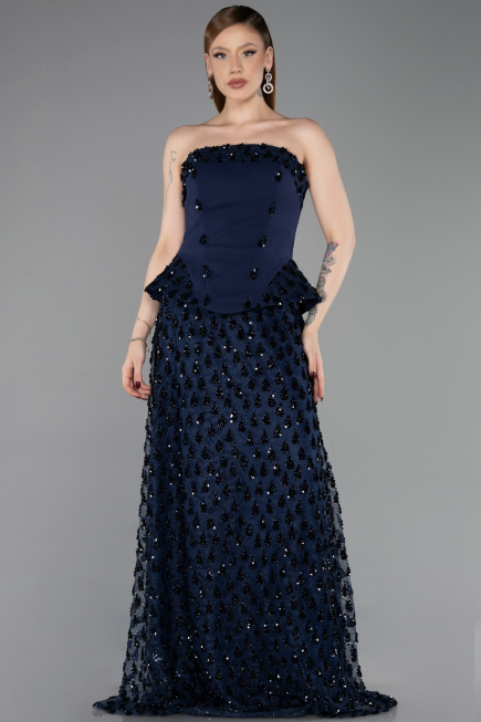 Abendkleid Lang Schuppig Marineblau ABU6124