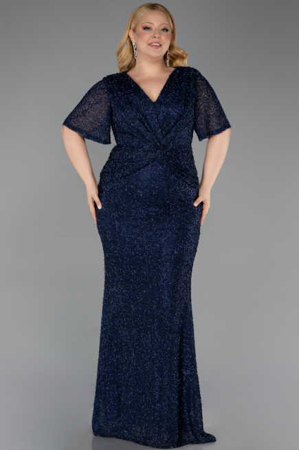Abendkleid in Übergröße Lang Perlenbesetzt Marineblau ABU6129