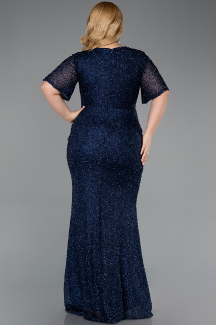 Abendkleid in Übergröße Lang Perlenbesetzt Marineblau ABU6129