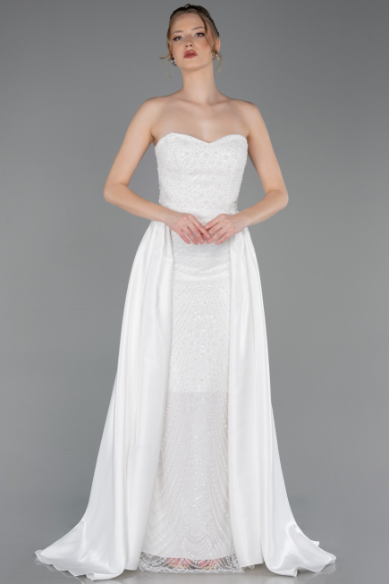 Standesamtkleid Lang Perlenbesetzt Weiß ABU6125